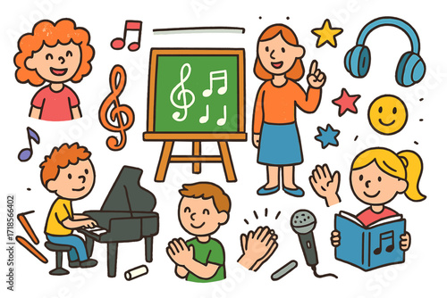 Colorful Music Class Doodles. Colorful Hand-drawn doodle Children illustration Music class blackboard, treble clef, music notes, teacher, students, piano,