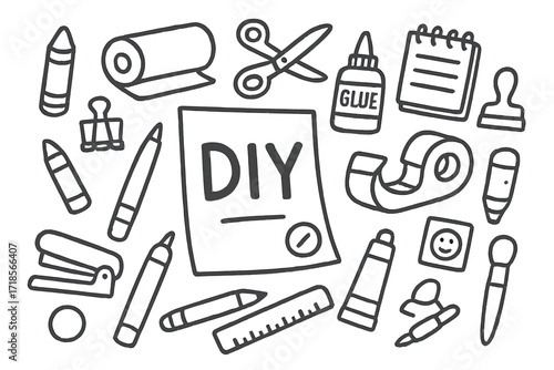 DIY Craft Tools. Hand-drawn doodle illustration DIY poster craft [paper roll, scissors, glue bottle, tape dispenser, pencil, marker, stapler, ruler, brush,