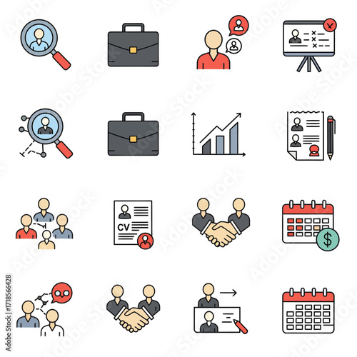 Job search and recruitment icons: magnifying glass over candidate, briefcase, communication, presentation board, graph, resume, handshake, calendar, team.