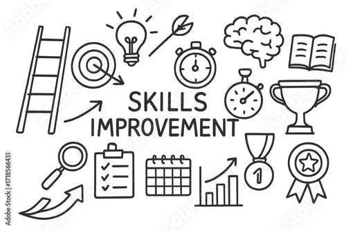 Skills Improvement Icons. Hand-drawn doodle illustration Skills improvement [ladder, target, arrow, light bulb, gear, brain, book, stopwatch, trophy,
