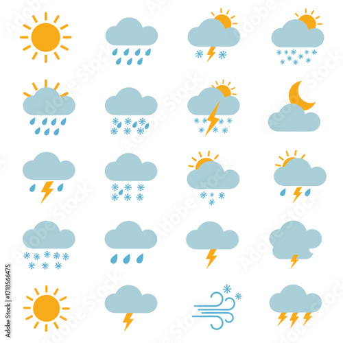 A collection of colorful flat weather icons depicting various forecast conditions like sun, clouds, rain, snow, and storms.
