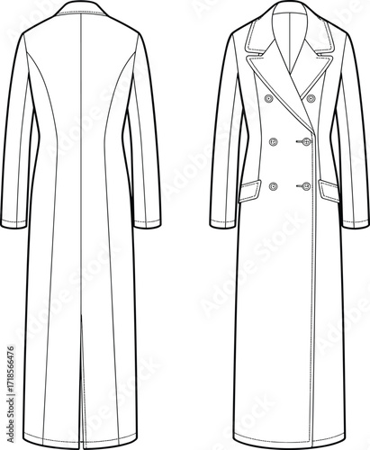 Long trench coat fashion flat sketch, technical drawing of double breasted overcoat, winter apparel template, stylish outerwear design illustrationLong 