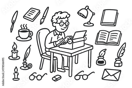 Writer's Artistic Tools. Hand-drawn doodle illustration Writer as artist typewriter, pen, notebook, book, desk, coffee cup, glasses, lamp, chair, candle,