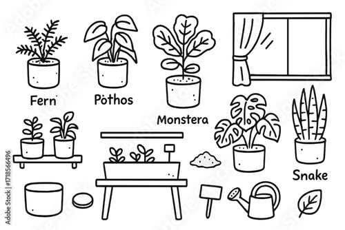 Indoor Plant Icons. Hand-drawn doodle illustration [Indoor plants in concrete pots] [small fern, pothos, fiddle leaf fig, monstera, snake plant, shelf, desk,