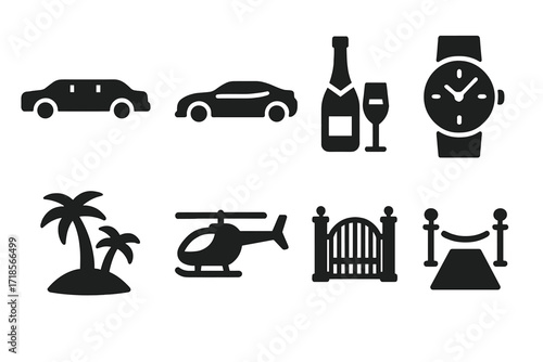 Oligarch Luxury Icons. Solid, filled icon set of oligarch luxury lifestyle: limousine, sports car, champagne bottle, designer watch, private island,