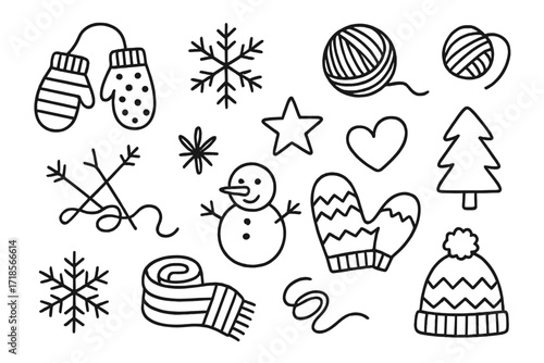 Winter Mittens Doodle. Hand-drawn doodle illustration Winter mittens [pair of mittens, snowflake, wool thread, knitting needles, star, heart, striped mitten,