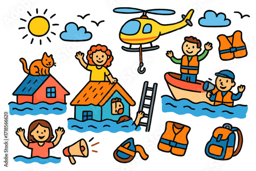 Rescue Amidst Flood. Colorful Hand-drawn doodle Children illustration People stranded on rooftops houses with water, rooftops, waving people, rescue boat,