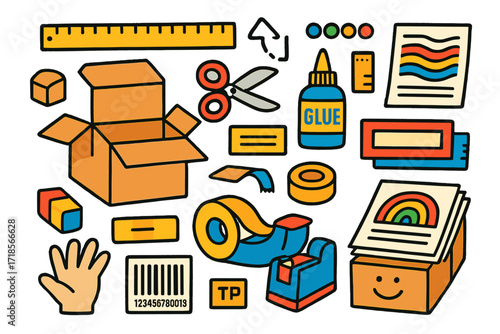Colorful Doodle Packaging Design. Colorful Hand-drawn doodle Children illustration Packaging design cardboard box, dieline, scissors, glue bottle, ruler,