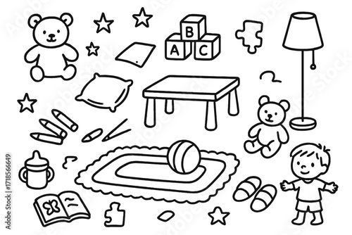 Kids Playroom Doodles. Hand-drawn doodle illustration Kids play corner plush toy, blocks, cushion, crayons, play rug, teddy bear, coloring book, ball, low