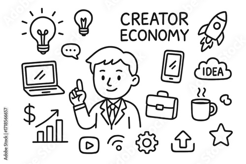 Entrepreneurial Icons Doodle. Hand-drawn doodle illustration entrepreneur in creator economy light bulb, laptop, smartphone, dollar sign, bar chart, rocket,