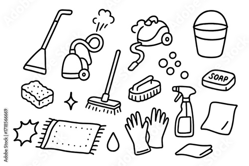 Cleaning Tools Doodle. Hand-drawn doodle illustration Deep carpet cleaning vacuum cleaner, steam cleaner, bucket, sponge, mop, brush, spray bottle, bubbles,