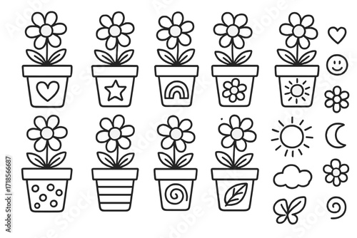 Creative Flower Pot Doodles. Hand-drawn doodle illustration creative flower pot designs flower pot, heart, star, rainbow, smiley face, sun, moon, cloud,