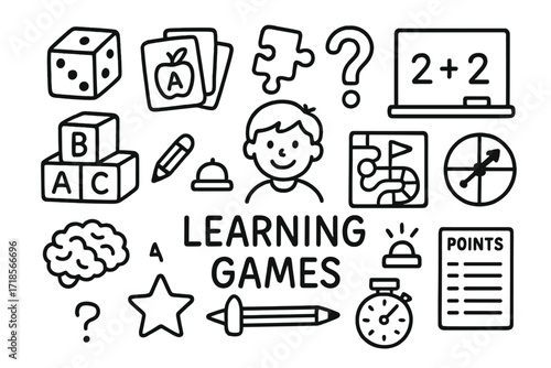 Educational Games Icons. Hand-drawn doodle illustration Learning games [dice, flashcards, puzzle piece, smiling student, alphabet blocks, game board, spinner,