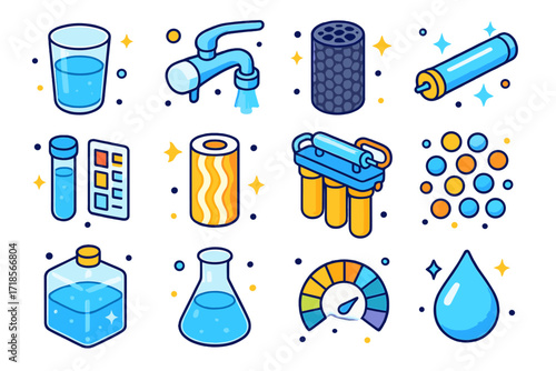 Water Filtration Icons. Colorful isometric vector icons set of water purity and filtration: glass of filtered water, faucet filter, carbon block, UV purifier,