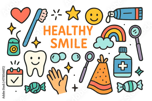 Dental Care Doodles. Colorful Hand-drawn doodle Children illustration Healthy Smile toothbrush, toothpaste, tooth, floss, sparkle, heart, smiley face, rainbow,