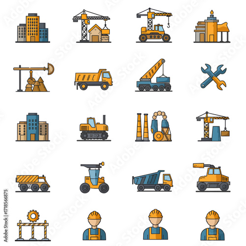 A set of colorful flat icons depicting construction, industry, heavy machinery, and buildings.