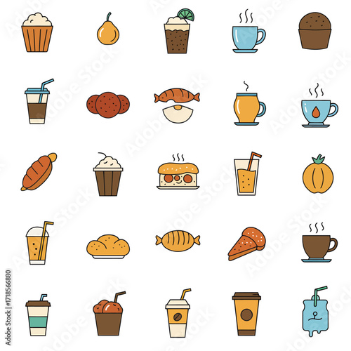 A vibrant collection of flat design icons representing various food and beverage items, including pastries, fruits, drinks, and savory snacks.