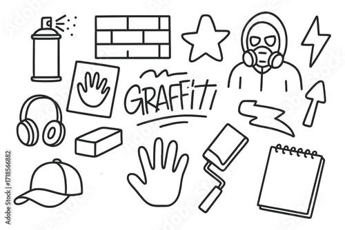 Street Art Icons. Hand-drawn doodle illustration street artist spray can, wall, hoodie, stencil, mask, star, lightning bolt, arrow, graffiti tag,