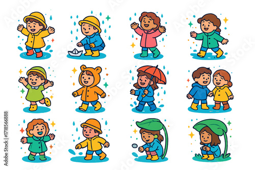 Playful Rainy Day Icons. Colorful isometric vector icons set of children playing in rain: jumping in puddle, paper boat floating, catching raindrops, splashing