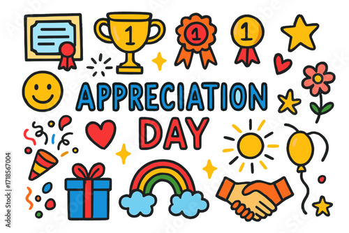 Children's Celebration Icons. Colorful Hand-drawn doodle Children illustration Appreciation Day [certificate, trophy, ribbon, medal, smiling face, heart, star,