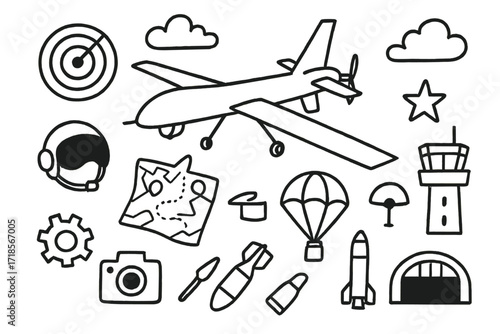 Aerial Surveillance Icons. Hand-drawn doodle illustration Aerial surveillance drone, radar, propeller, wings, map, pilot helmet, clouds, control tower, star,