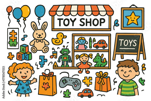 Colorful Pop-Up Toy Shop. Colorful Hand-drawn doodle Children illustration Pop-up toy shop teddy bear, toy blocks, puzzles, balloons, dolls, toy cars, stuffed