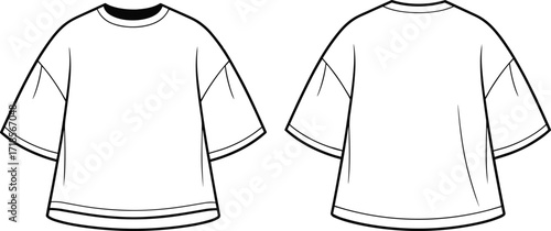 Oversized unisex t-shirt fashion flat sketch, casual short sleeve top technical drawing, loose fit clothing design template, sewing pattern illustration