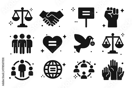 Icons of Social Equality. Social Equality. Solid icons set of justice scale, handshake, equality symbol, protest sign, raised fist, diverse group, heart with