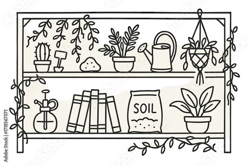 Bookshelf with Plants. Hand-drawn doodle illustration Bookshelf with plants [cactus, hanging plant, fern leaf, tiny pot, watering can, shelf edge, vines, plant