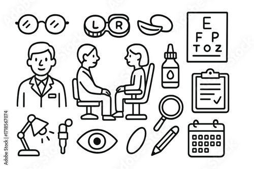 Optometrist Tools Doodle. Hand-drawn doodle illustration eye exam glasses, contact lens case, eye chart, optometrist, patient, magnifying glass, eye drop