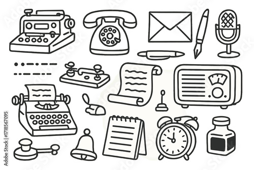 Vintage Communication Icons. Hand-drawn doodle illustration Vintage Communication telegram machine, rotary phone, envelope, stamp, pen, typewriter, Morse code
