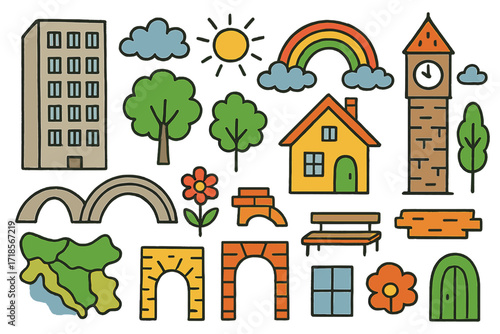 Colorful Yugoslav Architecture Doodles. Colorful Hand-drawn doodle Children illustration Yugoslav Architecture [apartment block, house, window, star, rainbow,