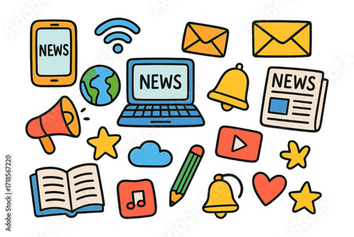 Digital World Doodles. Colorful Hand-drawn doodle Children illustration digital news smartphone, tablet, laptop, newspaper, globe, wifi symbol, envelope,