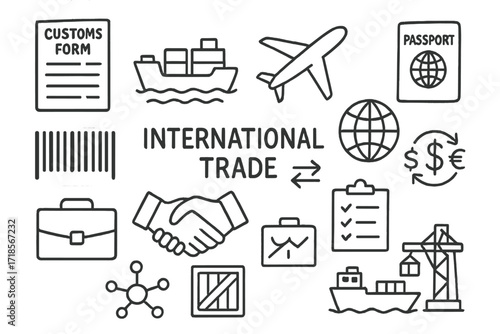 Global Trade Icons. Hand-drawn doodle illustration international trade customs form, cargo ship, airplane, passport, barcode, globe, handshake, money exchange,