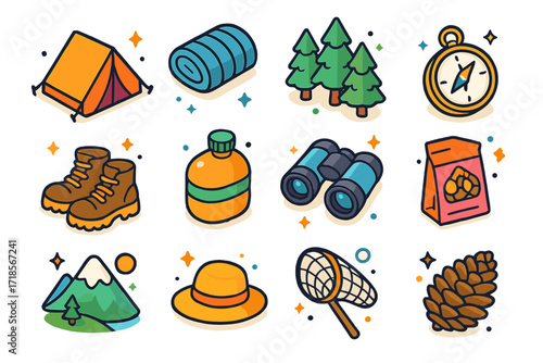Summer Camp Icons. Colorful isometric vector icons set of summer campground fun: pitched tent, sleeping bag, forest trees, compass, hiking boots, water