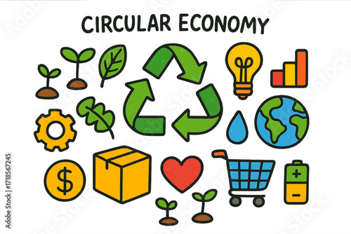 Circular Economy Doodles. Circular Economy. Colorful Hand-drawn doodle Children illustration recycle arrows, gear, plant sprout, leaf, money coin, product box,