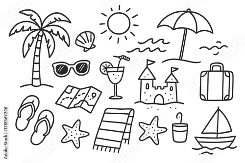Beach Vacation Doodles. Hand-drawn doodle illustration Beach vacation palm tree, beach umbrella, sunglasses, flip-flops, seashell, sun, waves, surfboard,