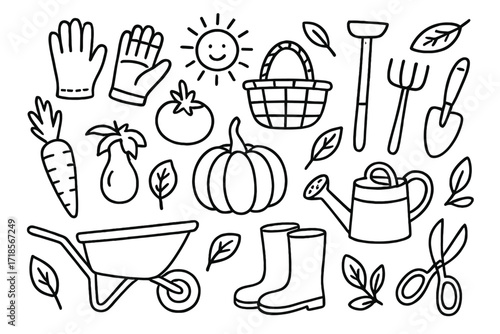 Garden Harvest Doodle. Hand-drawn doodle illustration Harvesting garden gloves gloves, basket, vegetables, fruits, carrot, tomato, pumpkin, shovel, rake,