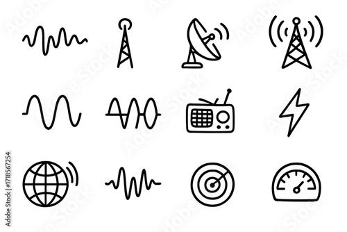 Radio Transmission Icons. Hand-drawn doodle illustration [radio signal and transmission] wave lines, antenna, satellite dish, broadcast tower, signal graph,