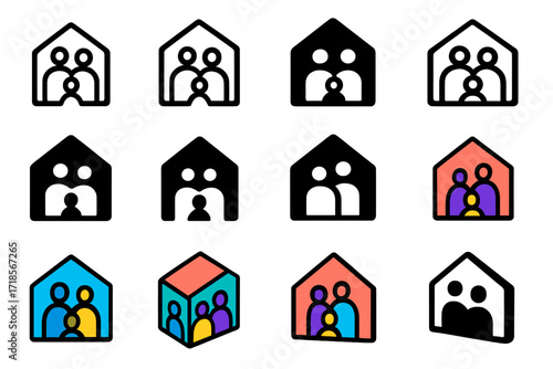 Parents' Joy Logo Collection. Set Logo of Parents? Joy: Family home silhouette. Logo set in vector style, emblematic variations. line, bold thick line, solid