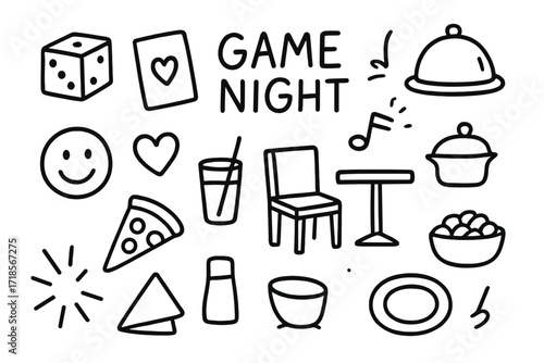Game Night Doodles. Hand-drawn doodle illustration Game night dinner fun dice, card, laughter icon, food tray, drink glass, heart, chair, table, music note,