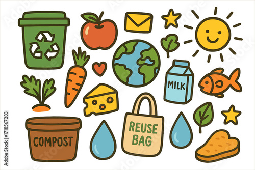 Sustainable Food Icons. Colorful Hand-drawn doodle Children illustration food sustainability recycling bin, compost bin, reusable bag, apple, bread, carrot,