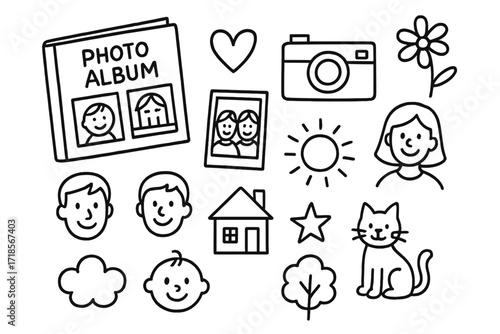 Family Memories Icons. Hand-drawn doodle illustration Photo album family pictures, book, frame, heart, camera, flower, smiling faces, house, sun, star, baby,