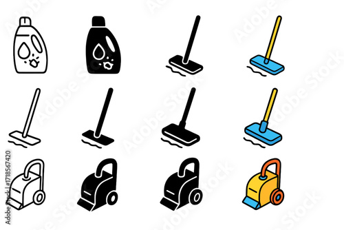 Accident Cleanup Icons. Icon Set of Accident Cleanup: Stain remover bottle, Floor mop, Carpet cleaner. Icons set in vector style, emblematic variations. Stain