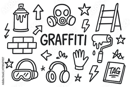 Graffiti Tools Doodle. Hand-drawn doodle illustration Graffiti mural art spray can, paint drips, ladder, mask, wall bricks, roller, arrows, star shapes, bold