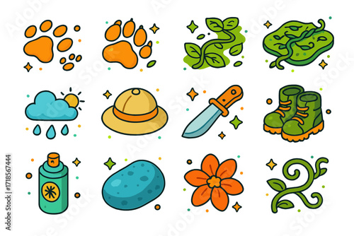 Jungle Adventure Icons. Colorful isometric vector icons set of Jungle Footprints Discovery: monkey tracks, jaguar paw print, leaf-covered trail, vine-covered