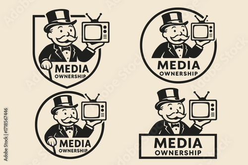 Media Monopoly Logo. Set Logo of Media ownership: stylized monopoly game piece holding TV. Logo set in vector style, emblematic variations.