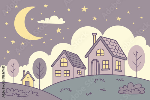 Dreamy moonlit scene with cozy houses and twinkling stars invites feelings of warmth and peace, perfect for storybooks or whimsical designs