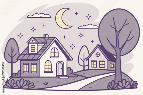 Peaceful neighborhood scene at night with crescent moon and stars, cozy houses in charming landscape, perfect for storybook illustration or whimsical designs