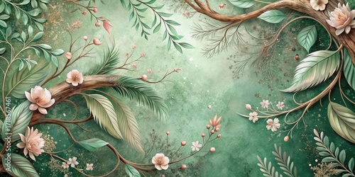Enchanted Forest A Serene Tapestry of Lush Greenery, Delicate Blossoms, and Intricate Branching Patterns on a Textured Green Background
